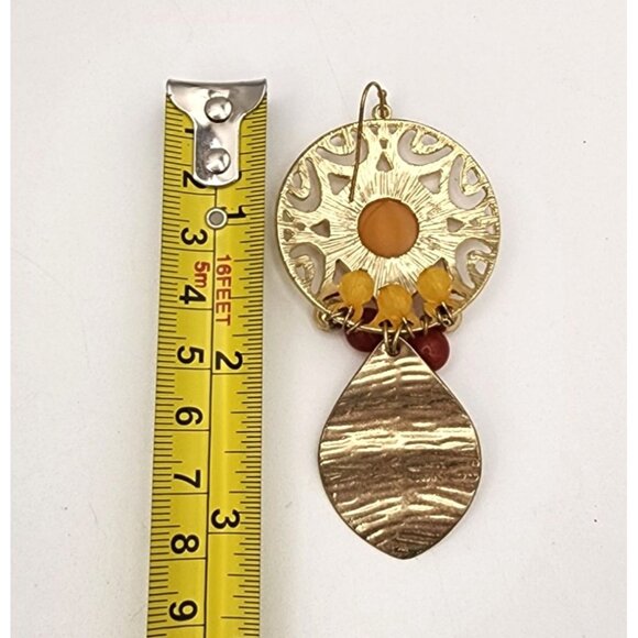 Gold Filigree Dangle Earrings Orange Red Beads, Rhinestones Thailand Fall Party - Picture 5 of 5